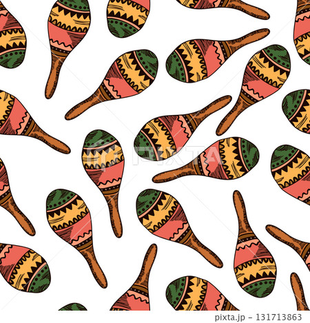 Seamless pattern with Cuban or Mexican maracas. Musical instrument. Wild West, Mexico concept. Vector drawing background for textile, wallpaper, packaging, fabric 131713863