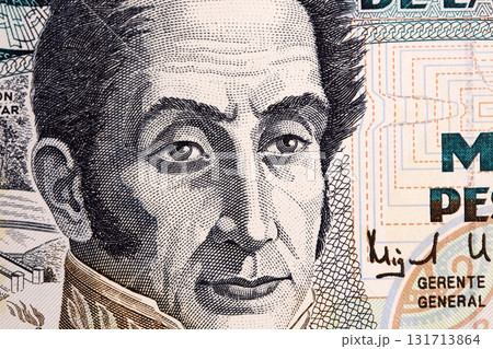 Simon Bolivar a closeup portrait from Colombian money 131713864