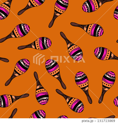 Seamless pattern with Cuban or Mexican maracas. Musical instrument. Wild West, Mexico concept. Vector drawing background for textile, wallpaper, packaging, fabric 131713869
