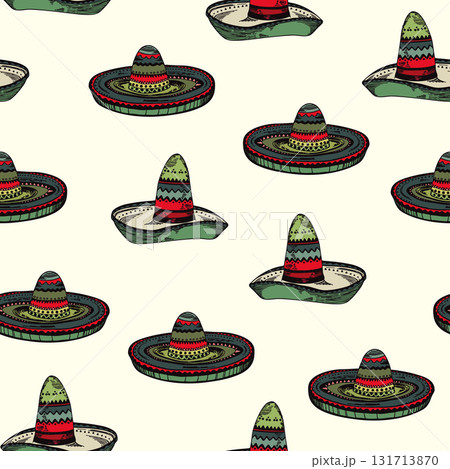 Seamless patterm with Mexican ethnic sombrero hat. Vector drawing illustration for packaging, wallpaper, fabric. Wild west, Mexico, Cuba concept. Traditional Mexican wide brimmed hat 131713870