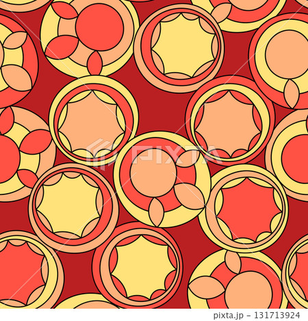 Seamless pattern with geometric aboriginal ornament. Ethnic tribal rounded color background. Afican, australian motiph. Dots painting. Vector illustration, template design for cloth, card, fabric 131713924