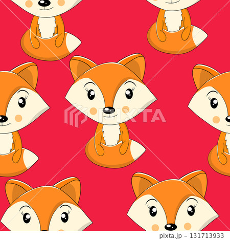 Seamless pattern with cute fox baby on color background. Funny forest animals. Card, postcards for kids. Flat vector illustration for fabric, textile, wallpaper, poster, paper 131713933