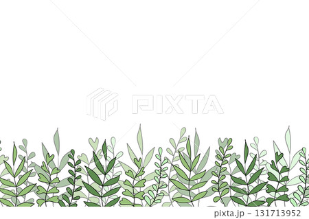 Floral frame with colorful exotic branches on white background. Ornate border with tropic leaves. Vector stock illustration for wallpaper, posters, card. Doodle style. Copy space Floral frame with colorful exotic branches on white background. Ornate border with tropic leaves. Vector stock illustration for wallpaper, posters, card. Doodle style. Copy space 131713952