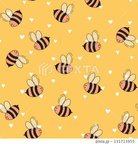 Seamless pattern with bees on color background. Small wasp. Vector illustration. Adorable cartoon character. Template design for invitation, cards, textile, fabric. Doodle style 131713955