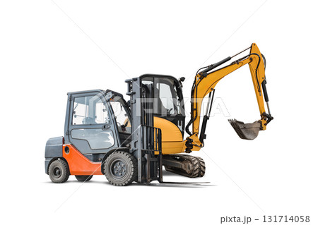 Heavy machinery combination of a forklift and excavator isolated on a white background Heavy machinery combination of a forklift and excavator isolated on a white background 131714058