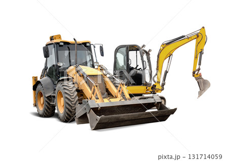 Heavy machinery used for construction work isolated on a white background with a backhoe attachment Heavy machinery used for construction work isolated on a white background with a backhoe attachment 131714059