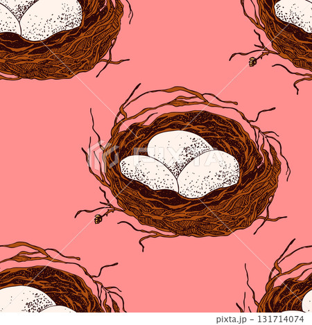 Spring seamless pattern with Bird nest with eggs. Easter hand drawn vector illustration, holiday design Spring seamless pattern with Bird nest with eggs. Easter hand drawn vector illustration, holiday design 131714074