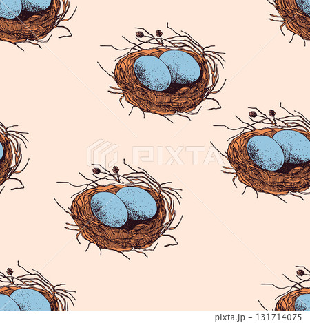 Spring seamless pattern with Bird nest with eggs. Easter hand drawn vector illustration, holiday design Spring seamless pattern with Bird nest with eggs. Easter hand drawn vector illustration, holiday design 131714075