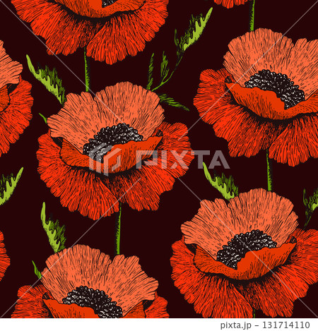 Blooming poppy. Seamless floral pattern based on hand drawn art ornaments. Colorful flowers on color background. Vector illustration. Simple pattern for fabric, textile Blooming poppy. Seamless floral pattern based on hand drawn art ornaments. Colorful flowers on color background. Vector illustration. Simple pattern for fabric, textile 131714110
