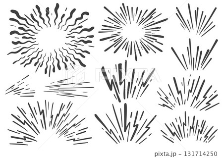 Speed lines effect. Manga vector action radial burst on white background. Cartoon motion graphic elements of power and rays of bomb explosion. Speed lines effect. Manga vector action radial burst on white background. Cartoon motion graphic elements of power and rays of bomb explosion. 131714250