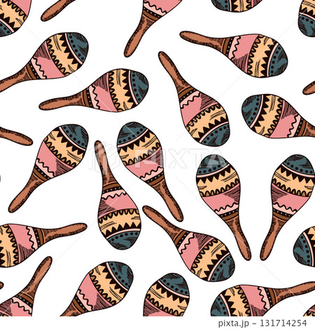 Seamless pattern with Cuban or Mexican maracas. Musical instrument. Wild West, Mexico concept. Vector drawing background for textile, wallpaper, packaging, fabric Seamless pattern with Cuban or Mexican maracas. Musical instrument. Wild West, Mexico concept. Vector drawing background for textile, wallpaper, packaging, fabric 131714254