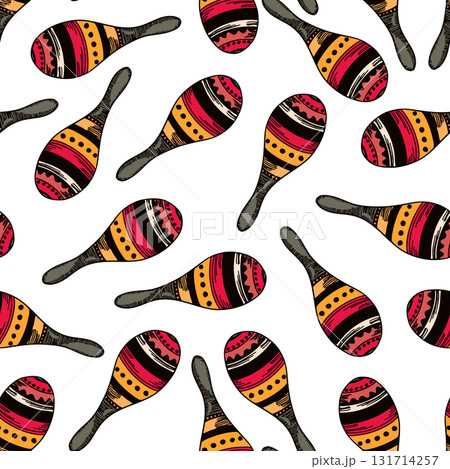 Seamless pattern with Cuban or Mexican maracas. Musical instrument. Wild West, Mexico concept. Vector drawing background for textile, wallpaper, packaging, fabric Seamless pattern with Cuban or Mexican maracas. Musical instrument. Wild West, Mexico concept. Vector drawing background for textile, wallpaper, packaging, fabric 131714257