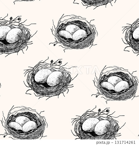 Spring seamless pattern with Bird nest with eggs. Easter hand drawn vector illustration, holiday design Spring seamless pattern with Bird nest with eggs. Easter hand drawn vector illustration, holiday design 131714261