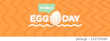World Egg Day banner with eggs on orange geometric pattern background. International egg day concept horizontal banner poster,flyer, banner design template. Egg food day celebration 131714384
