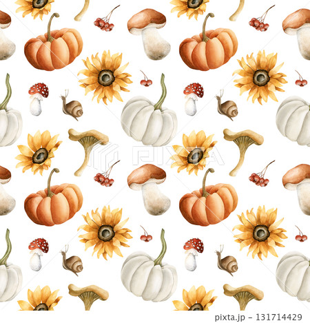 Pumpkins Sunflowers Mushrooms Berries. Watercolor hand painted floral forest seamless pattern on white background fall design cozy autumn prints cute home kitchen table textile fabric wrapping paper 131714429