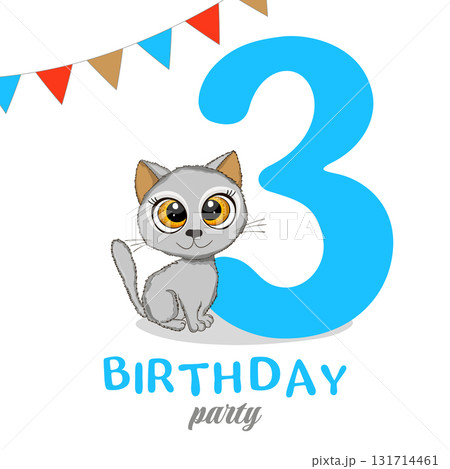 Cute little cat, Third Birthday party, Happy birthday 3 year old. Invitation or greeting card. Vector illustration Cute little cat, Third Birthday party, Happy birthday 3 year old. Invitation or greeting card. Vector illustration 131714461