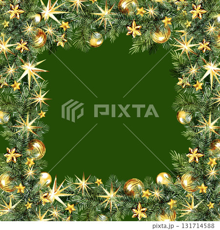 watercolor Christmas decoration, golden Christmas baubles, balls, stars, hand drawn sketch of green fir branches, Christmas tree toys, dark green, frame, template, party, event, winter illustration watercolor Christmas decoration, golden Christmas baubles, balls, stars, hand drawn sketch of green fir branches, Christmas tree toys, dark green, frame, template, party, event, winter illustration 131714588