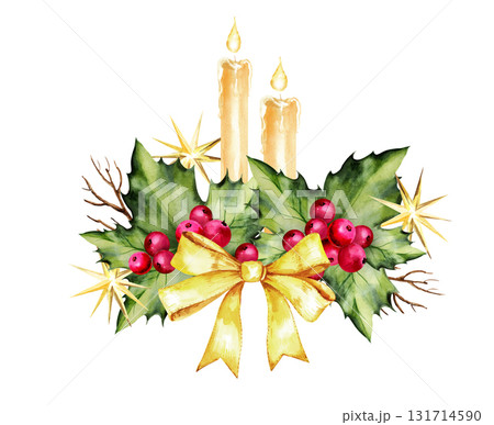 watercolor composition with holly branches, red berries, green leaves, golden bow, frying candles, brown twig, bright stars, Christmas symbol, hand drawn sketch, winter illustration for decoration watercolor composition with holly branches, red berries, green leaves, golden bow, frying candles, brown twig, bright stars, Christmas symbol, hand drawn sketch, winter illustration for decoration 131714590