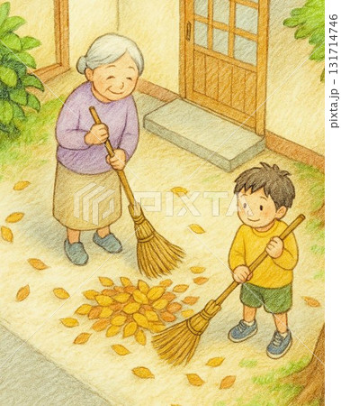 軒先の落ち葉掃除をする孫と祖母イラスト 131714746