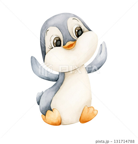 Cute Penguin. Arctic North animal bird. Watercolor hand drawn illustration isolated on white background for winter design Christmas or Valentine card baby textile nursery sticker kids holiday print Cute Penguin. Arctic North animal bird. Watercolor hand drawn illustration isolated on white background for winter design Christmas or Valentine card baby textile nursery sticker kids holiday print 131714788