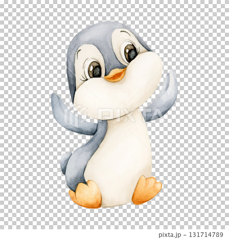 Cute Penguin. Arctic North animal bird. Watercolor hand drawn illustration isolated on white background for winter design Christmas or Valentine card baby textile nursery sticker kids holiday print 131714789