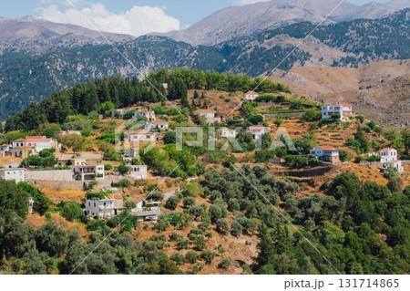 Mountain village Lakkoi in western Crete surrounded by pine forest on sunny day. 131714865