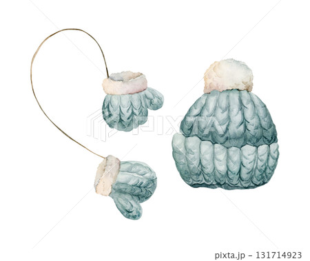 Knitted hat with fur pompom mittens on a rope. Winter cozy wool cap wear. Watercolor hand drawn illustration isolated on white background for Christmas card baby textile nursery kids holiday print 131714923