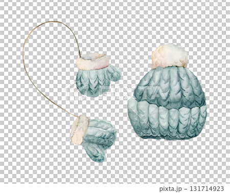 Knitted hat with fur pompom mittens on a rope. Winter cozy wool cap wear. Watercolor hand drawn illustration isolated on white background for Christmas card baby textile nursery kids holiday print 131714923