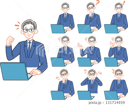 シンプルなスーツ姿のシニア男性会社員の10パターンセット シンプルなスーツ姿のシニア男性会社員の10パターンセット 131714939