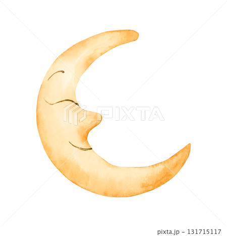 Cute Half Crescent Smile Moon. Landscape element. Watercolor hand drawn illustration isolated on white background for baby nursery kids children design holiday print Ramadan card invitation textile Cute Half Crescent Smile Moon. Landscape element. Watercolor hand drawn illustration isolated on white background for baby nursery kids children design holiday print Ramadan card invitation textile 131715117
