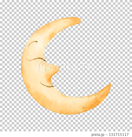 Cute Half Crescent Smile Moon. Landscape element. Watercolor hand drawn illustration isolated on white background for baby nursery kids children design holiday print Ramadan card invitation textile Cute Half Crescent Smile Moon. Landscape element. Watercolor hand drawn illustration isolated on white background for baby nursery kids children design holiday print Ramadan card invitation textile 131715117