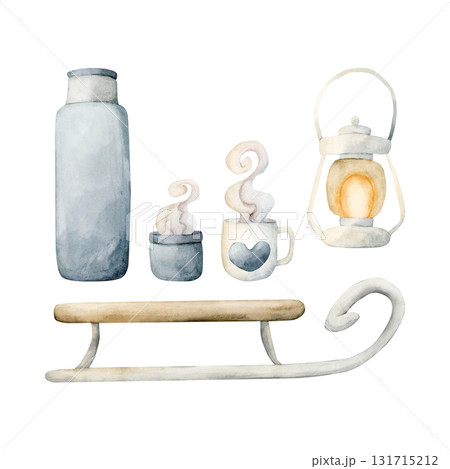 Cute sleigh thermos mug lantern clipart set. Watercolor hand drawn illustration with ice floes isolated on white background for winter design Christmas card baby nursery kids print textile sticker 131715212