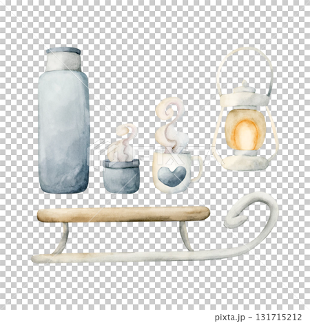 Cute sleigh thermos mug lantern clipart set. Watercolor hand drawn illustration with ice floes isolated on white background for winter design Christmas card baby nursery kids print textile sticker 131715212