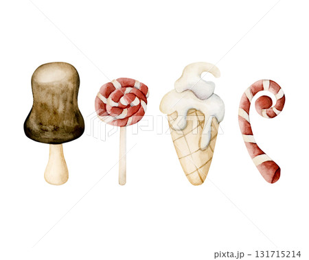 Cute ice cream Christmas candy cane lollipop. Winter sweet clipart set. Watercolor hand drawn food illustration isolated on white background for winter design card baby nursery kids print sticker 131715214