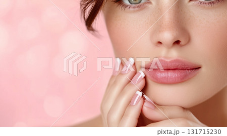 Lip Protection. Closeup of Beautiful Young Woman Healthy Lips. Female Model Mouth With Smooth Perfect Skin And Natural Manicure Touching Her Plush Lips. Lip Care And Beauty. Lip Protection. Closeup of Beautiful Young Woman Healthy Lips. Female Model Mouth With Smooth Perfect Skin And Natural Manicure Touching Her Plush Lips. Lip Care And Beauty. 131715230