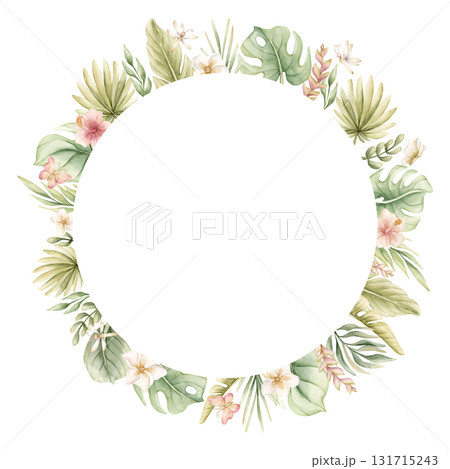 Monstera Palm Leaves Hibiscus Plumeria Flowers. Tropical Exotic wreath. Watercolor hand painted summer pastel neutral isolated illustration on white background for nursery kids baby card logo label 131715243