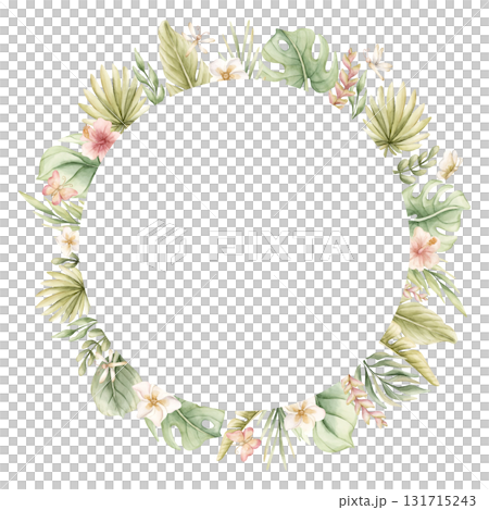 Monstera Palm Leaves Hibiscus Plumeria Flowers. Tropical Exotic wreath. Watercolor hand painted summer pastel neutral isolated illustration on white background for nursery kids baby card logo label 131715243