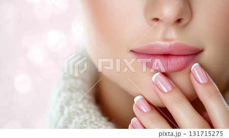Lip Protection. Closeup of Beautiful Young Woman Healthy Lips. Female Model Mouth With Smooth Perfect Skin And Natural Manicure Touching Her Plush Lips. Lip Care And Beauty. Lip Protection. Closeup of Beautiful Young Woman Healthy Lips. Female Model Mouth With Smooth Perfect Skin And Natural Manicure Touching Her Plush Lips. Lip Care And Beauty. 131715275