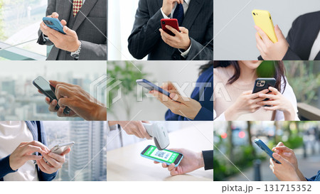 様々なシーンでスマホを使う人々のコラージュ 131715352