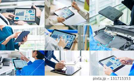 様々なシーンでタブレットを使う人々のコラージュ 131715353