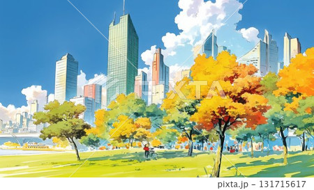 青空と都市の風景 水彩風イラスト 公園とビルのコントラスト 131715617