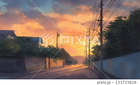 夕暮れの住宅街風景 水彩風イラスト 柔らかな光と影の道のイラスト素材