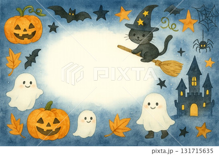 魔女帽子の黒猫とおばけが楽しむハロウィンフレーム 水彩イラスト 131715635