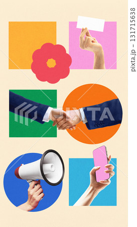 Colorful business poster with handshake megaphone smartphone and geometric design elements Colorful business poster with handshake megaphone smartphone and geometric design elements 131715638