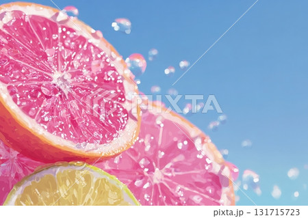 Sliced pink grapefruit and lemon display vibrant colors while water droplets splash around them. The clear blue sky creates a cheerful summer atmosphere, highlighting the freshness of the fruit. 131715723