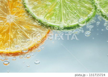 Bright slices of orange and lime float in bubbly sparkling water. The vibrant colors contrast against a soft blue background, suggesting a refreshing summer beverage ideal for parties and gatherings. Bright slices of orange and lime float in bubbly sparkling water. The vibrant colors contrast against a soft blue background, suggesting a refreshing summer beverage ideal for parties and gatherings. 131715724