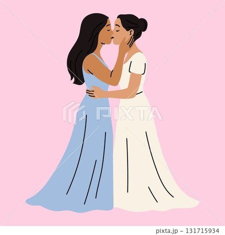 Romantic Lesbian Couple Kissing in Wedding Dresses Romantic Lesbian Couple Kissing in Wedding Dresses 131715934