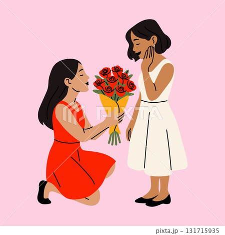 Woman Proposing with Roses to Female Partner Woman Proposing with Roses to Female Partner 131715935