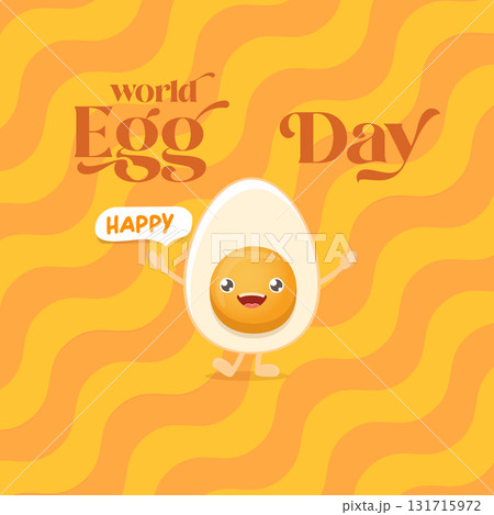 World egg day square greeting card with vector funny cartoon cute smiling tiny egg character isolated on orange geometric pattern background. Egg day poster or banner 131715972