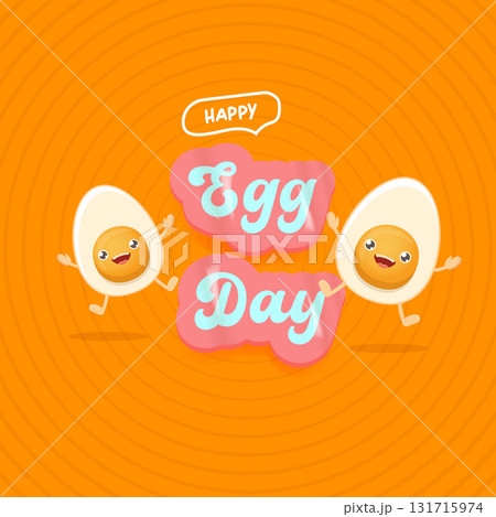 World egg day square greeting card with vector funny cartoon cute smiling tiny egg character isolated on orange geometric pattern background. Egg day poster or banner 131715974